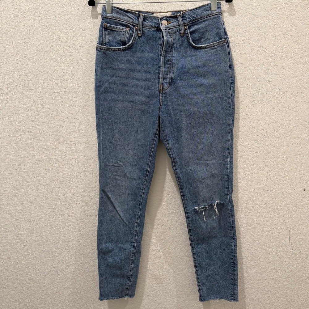 We The Free Free People High Rise Skinny Jeans Distressed Knee Raw Hem Blue 28